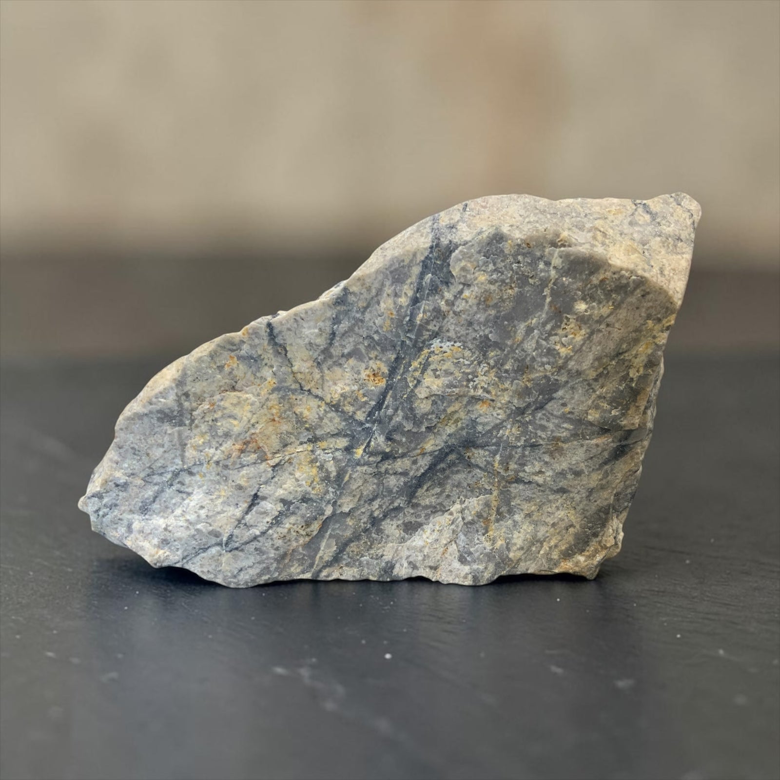 Large gray-blue molybdenite mineralization in pale quartz-rich matrix on a dark background